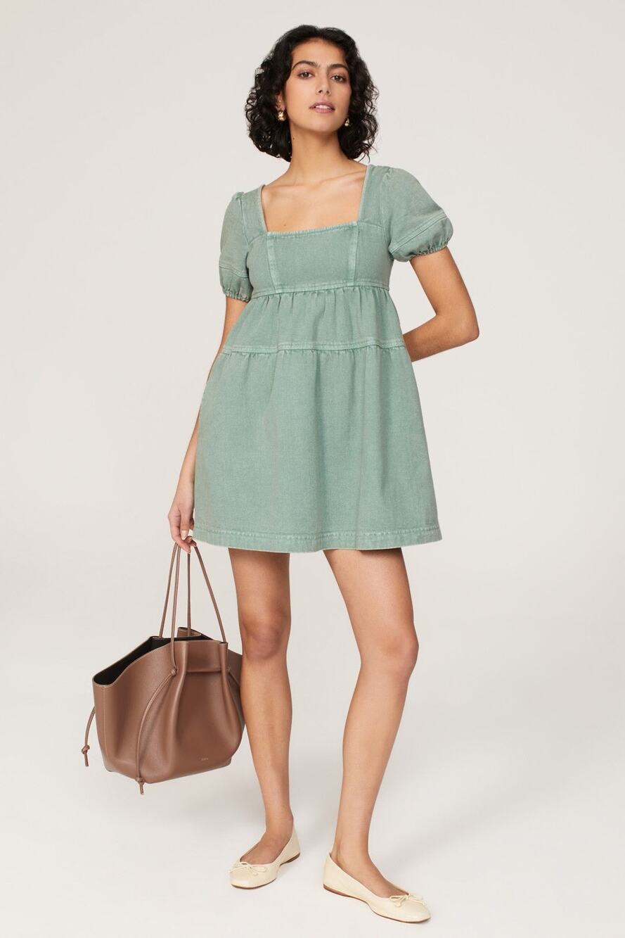 Louna Green Denim Babydoll Square Neck Puff Sleeve Mini Dress Size Small